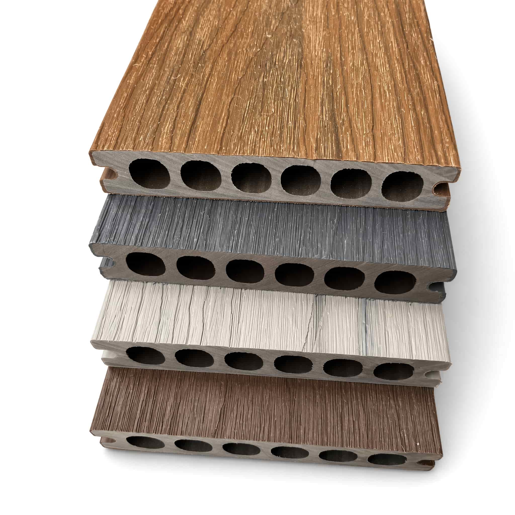 Color palette options for 140x25mm WPC composite decking board including teak, coffee, and grey