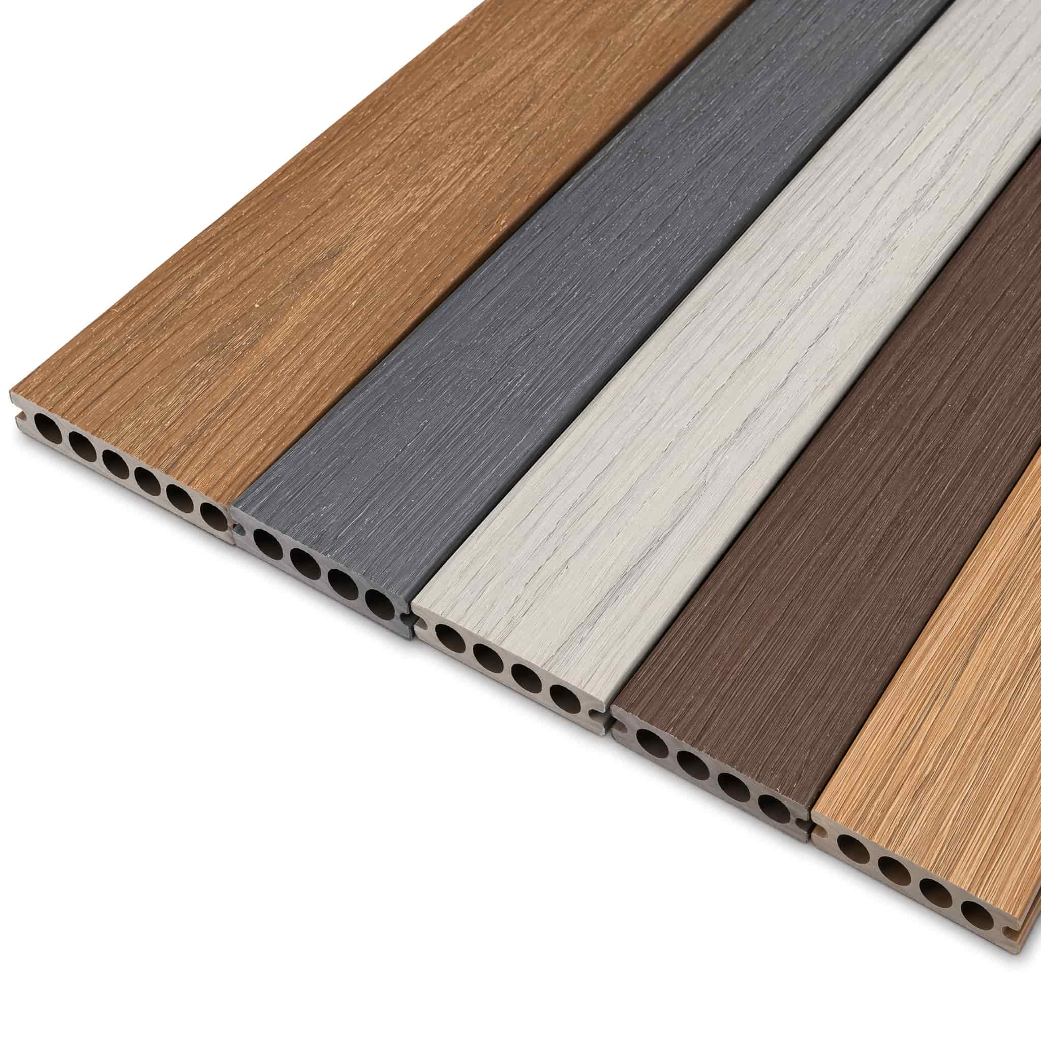 Anti-slip grooved surface of 140x25mm WPC composite decking plank for outdoor pool and patio