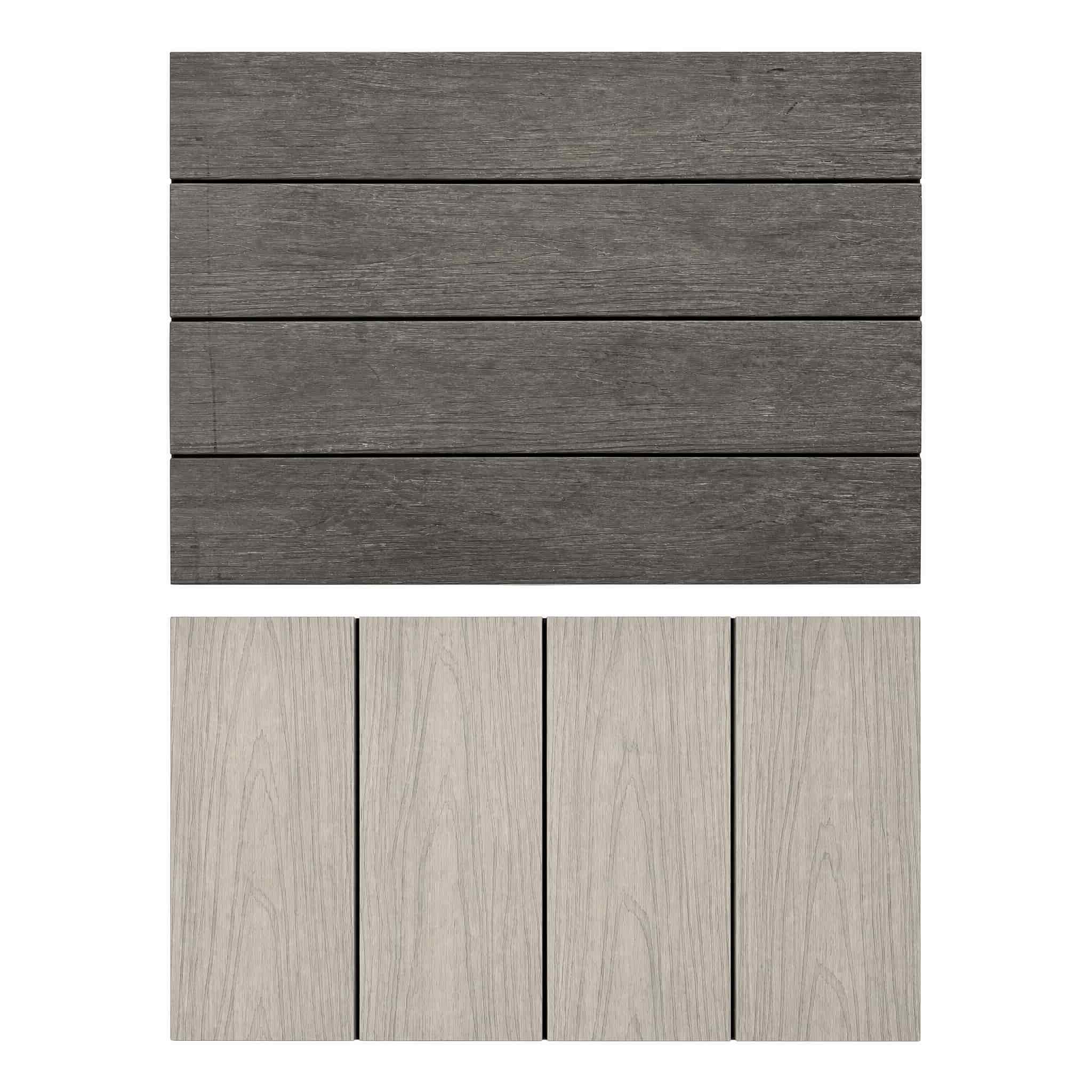 Charcoal dark grey and light grey WPC composite decking planks laid out in modern parallel pattern