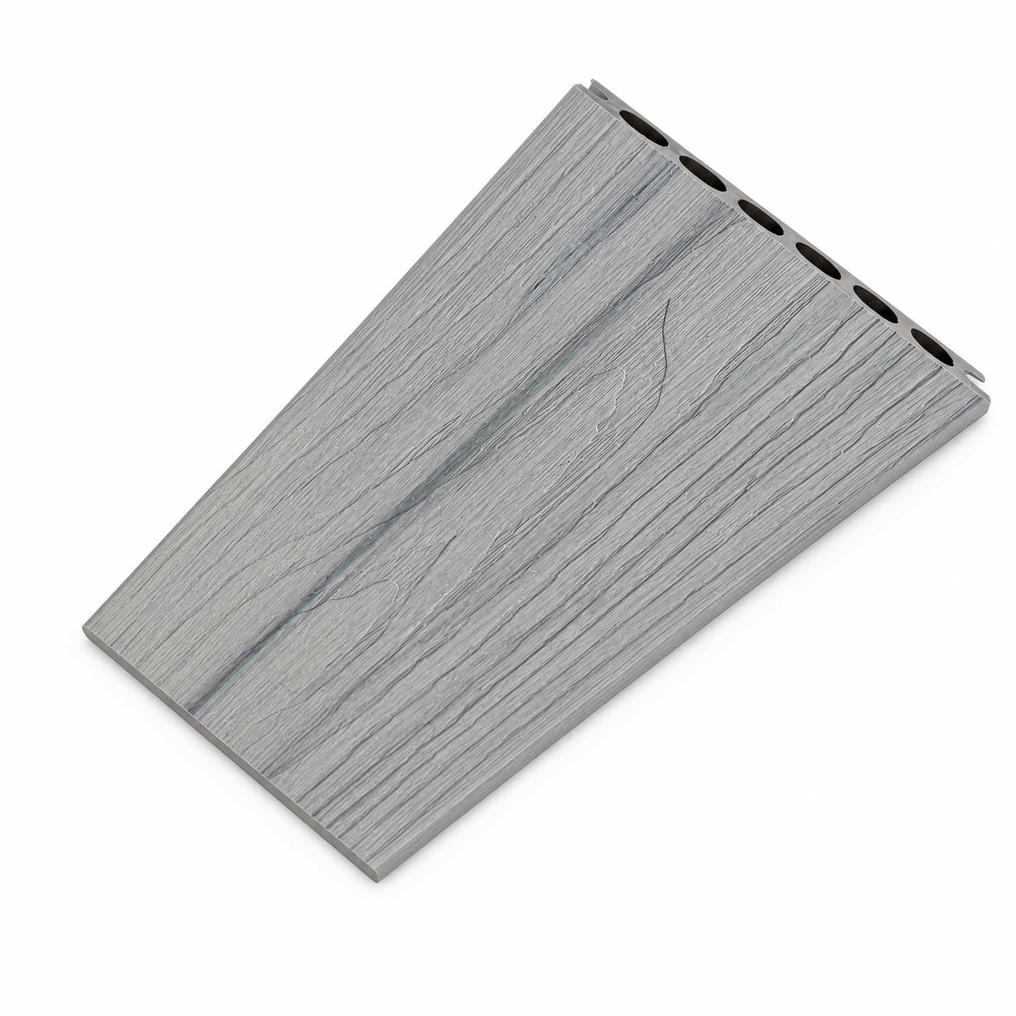 Silver grey 145x23mm hollow WPC decking board showing 7 round holes and 3D deep embossed wood grain