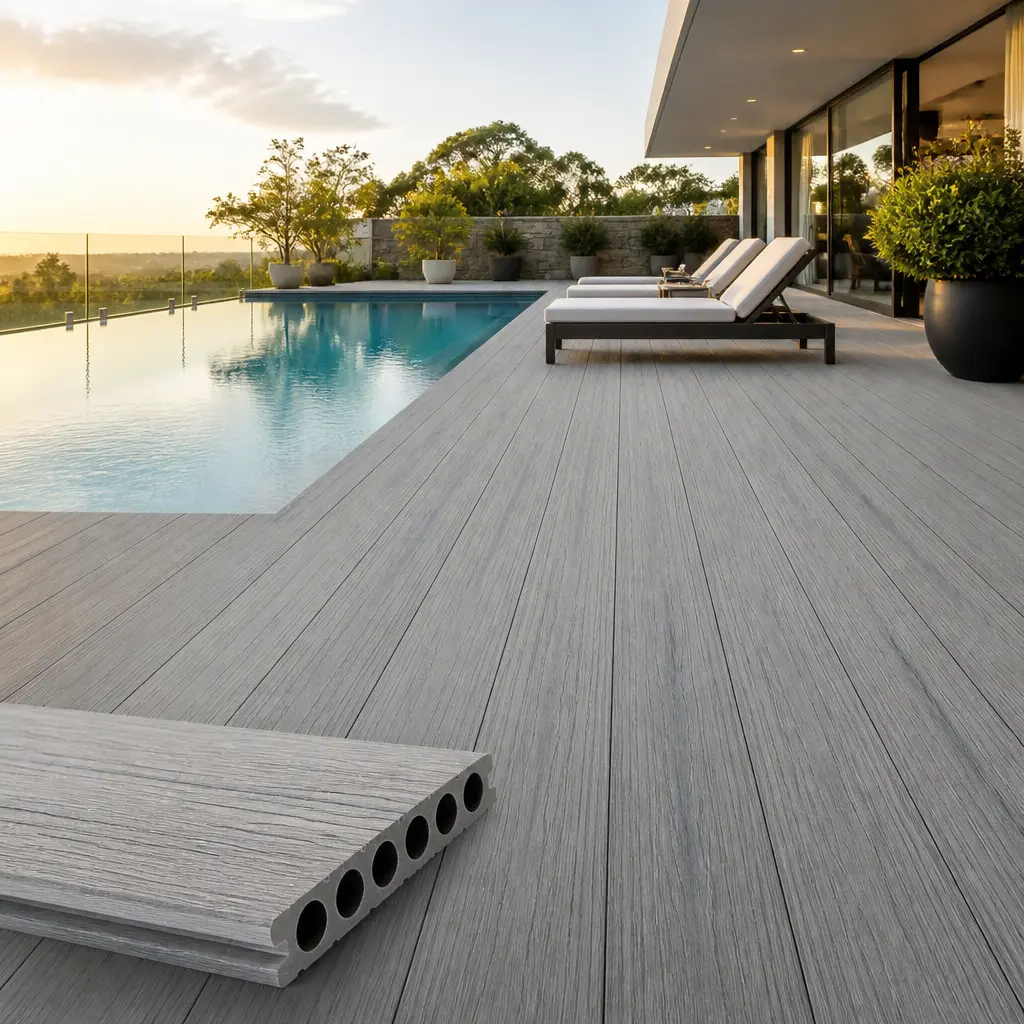 145x23mm 7-round-hole WPC decking board in silver grey installed on modern outdoor swimming pool patio