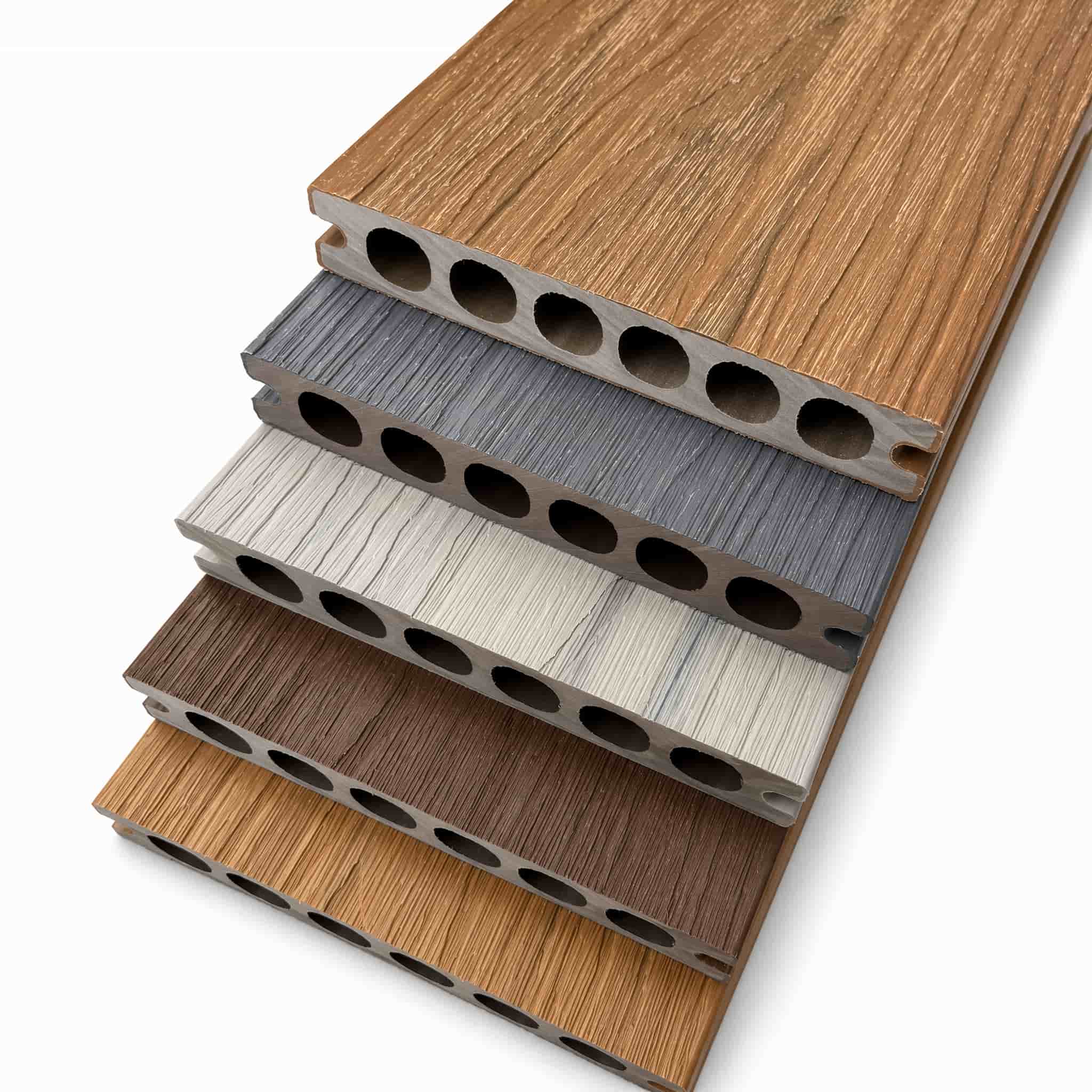 Cross section view of 140x25mm hollow composite decking board showing reinforced 6 round hole structure
